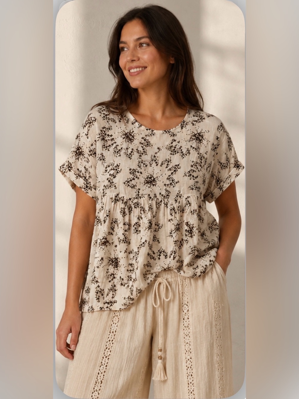 Free People Oversized Off White Gauze Pockets Top with Brown Geometric Flowers